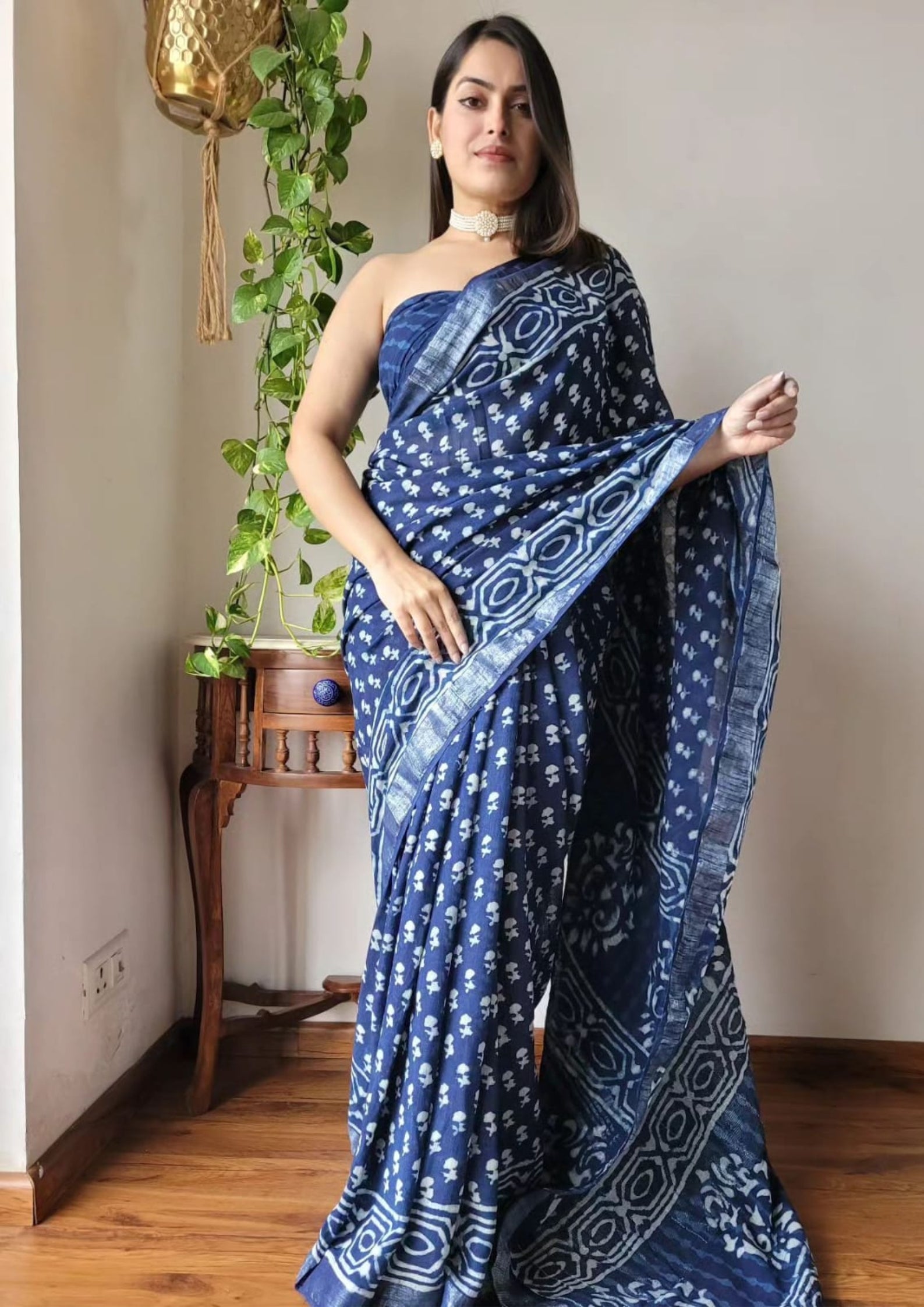 Beautiful Floral Linen Digital Print Blue Saree