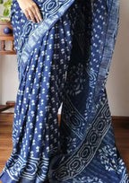 Beautiful Floral Linen Digital Print Blue Saree