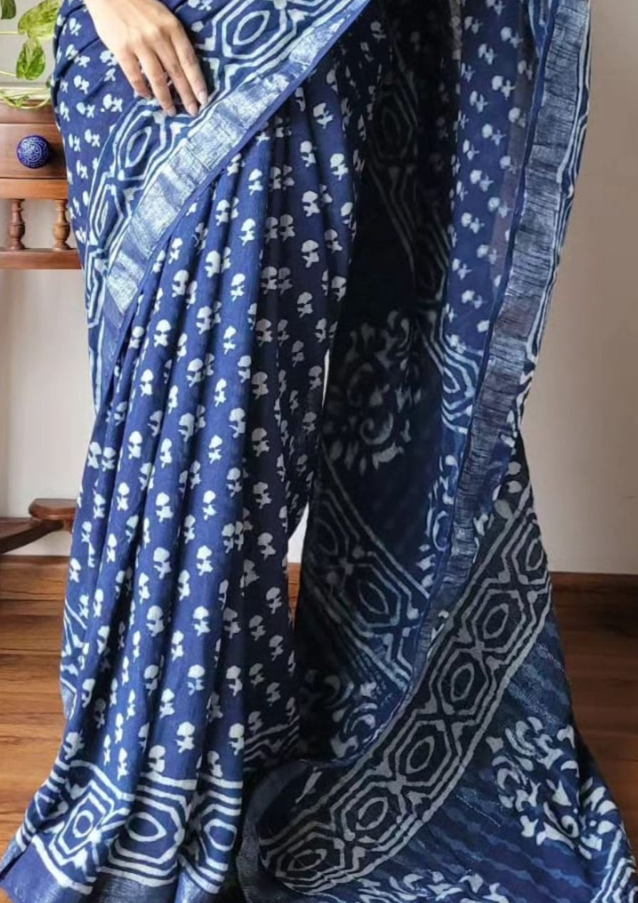 Beautiful Floral Linen Digital Print Blue Saree