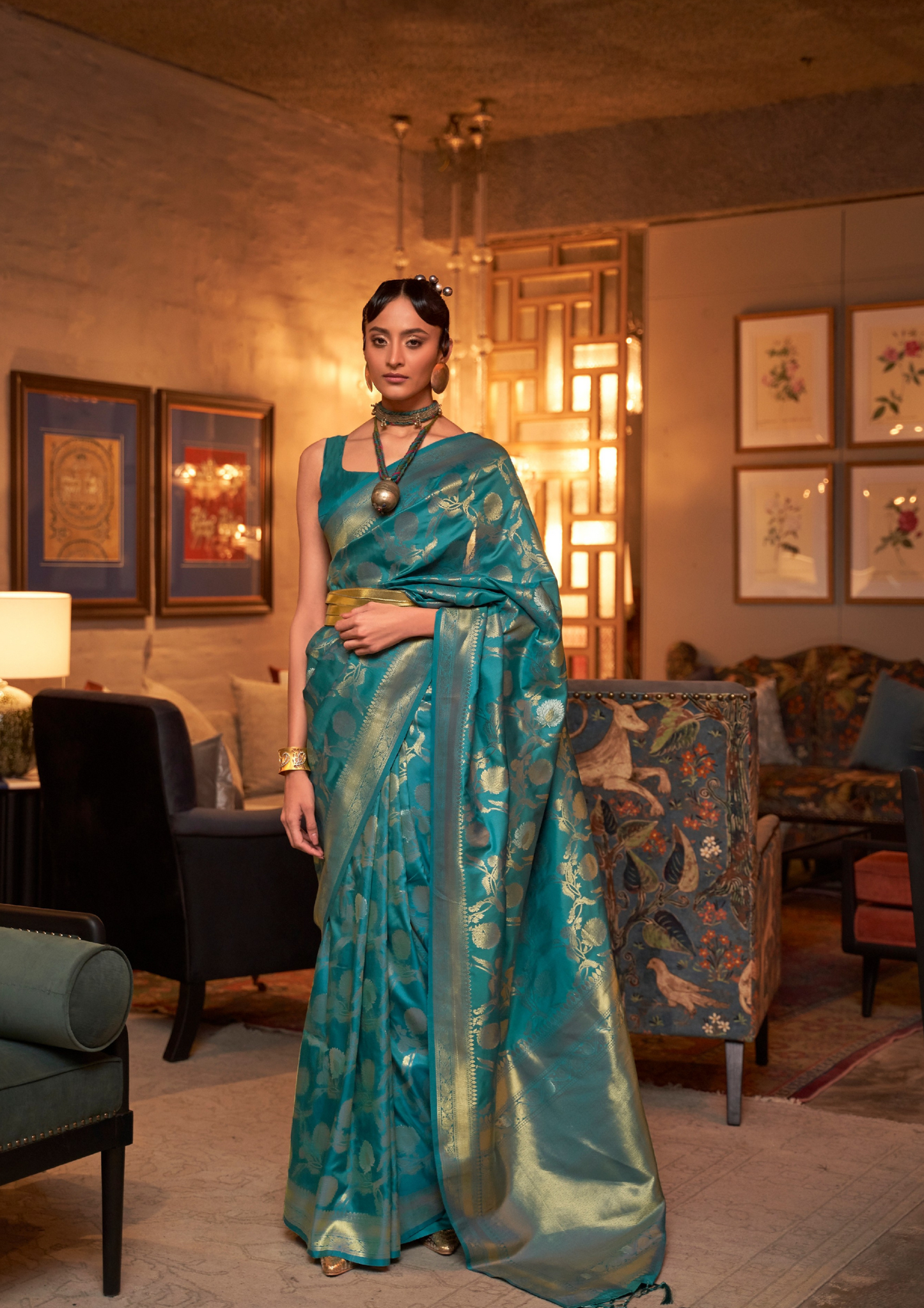 Turquoise handloom weaving sarees
