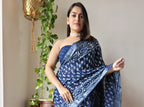 Beautiful Floral Linen Digital Print Blue Saree
