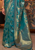 Turquoise handloom weaving sarees
