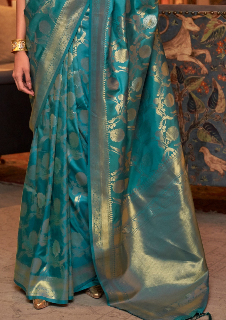 Turquoise handloom weaving sarees
