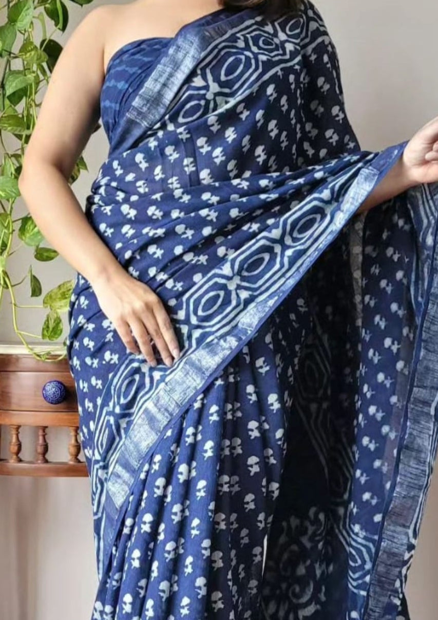 Beautiful Floral Linen Digital Print Blue Saree