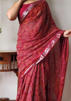 Beautiful Floral Linen Digital Print Red Saree