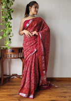 Beautiful Floral Linen Digital Print Red Saree