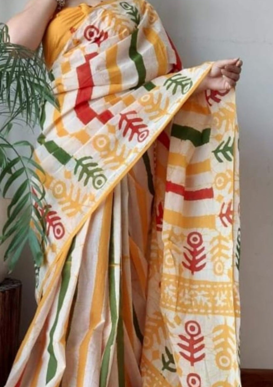 Beautiful Floral Linen Digital Print Yellow Saree