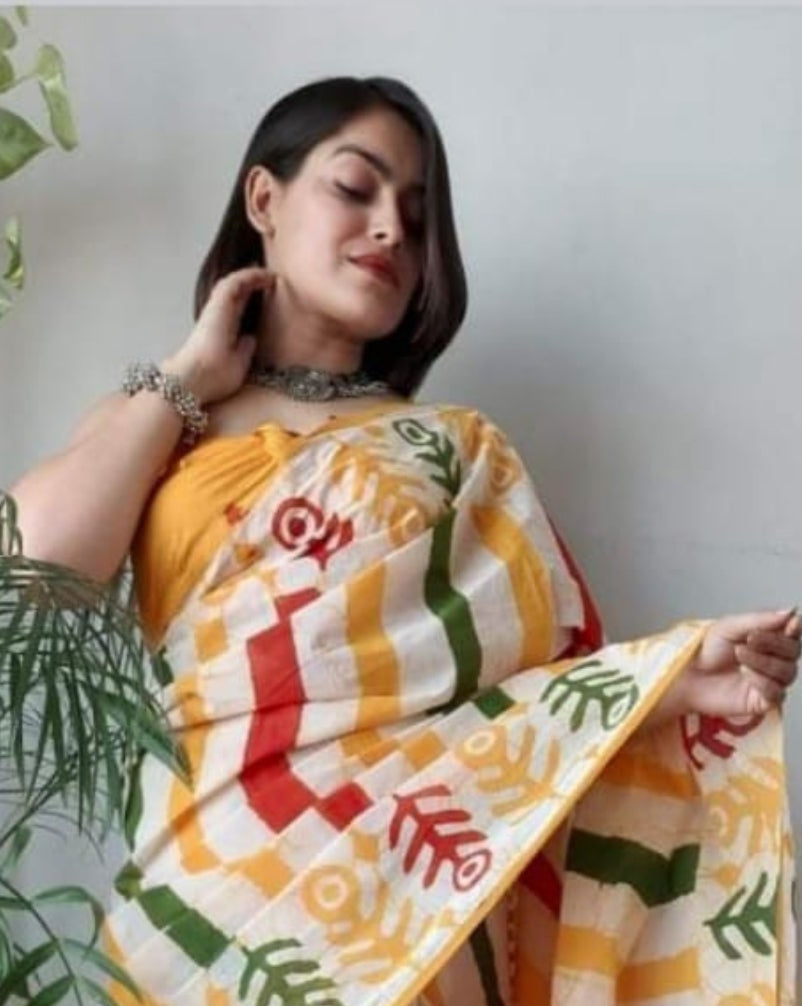 Beautiful Floral Linen Digital Print Yellow Saree