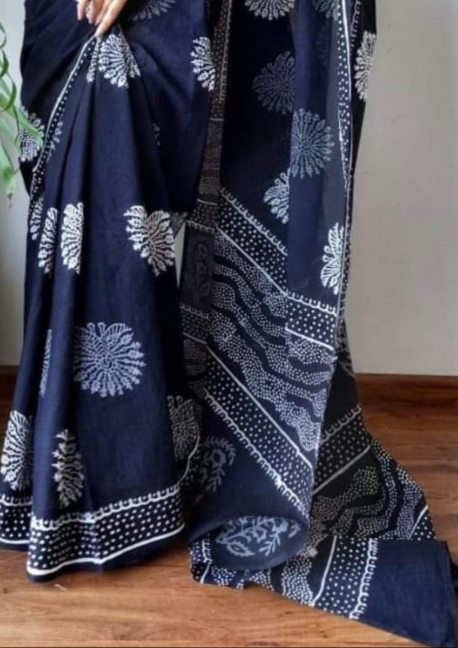 Beautiful Floral Linen Digital Print Navy Blue Saree