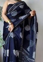 Beautiful Floral Linen Digital Print Navy Blue Saree