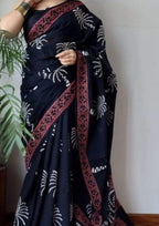 Beautiful Floral Linen Digital Print Black Saree