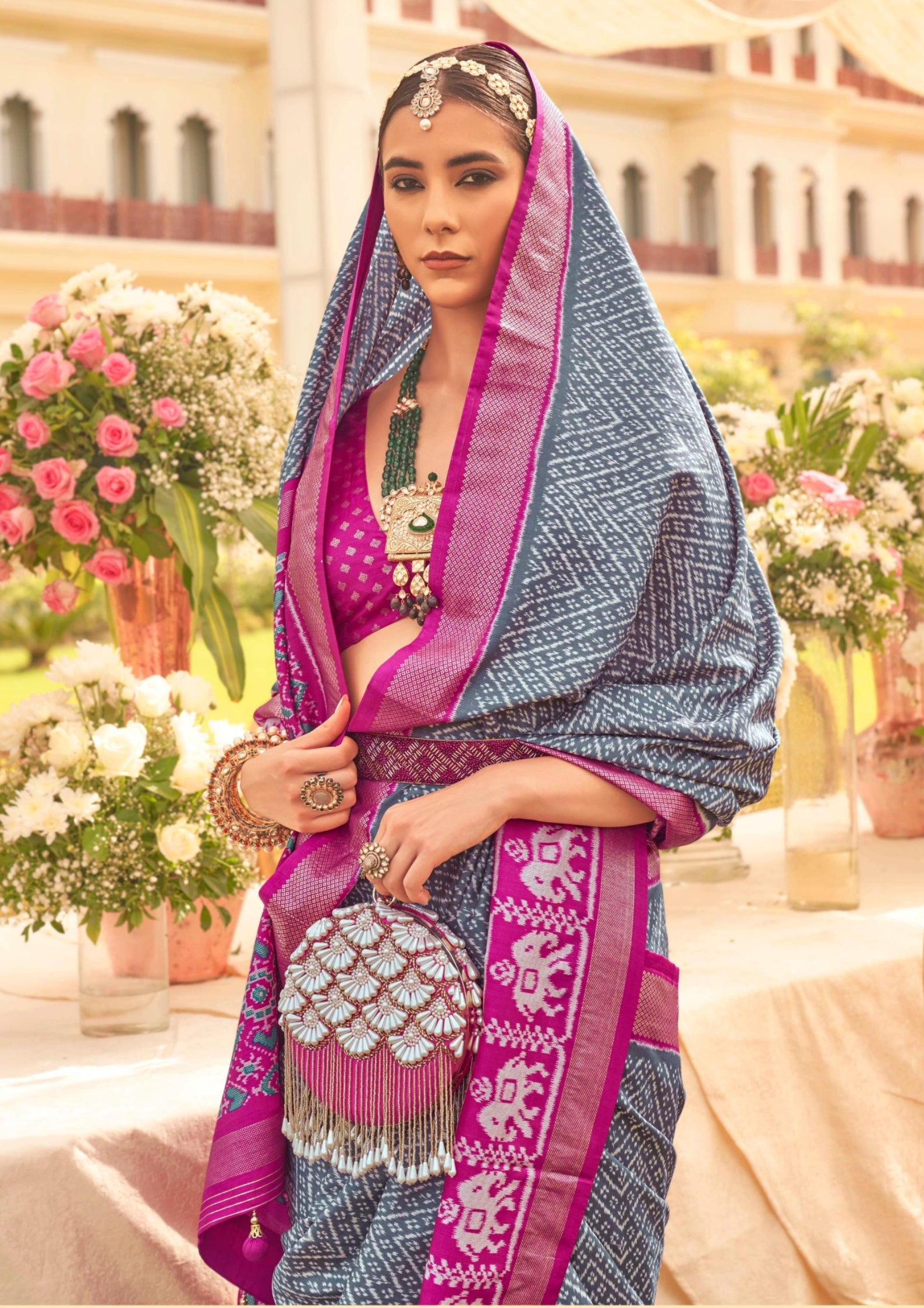 Patola Silk Saree of Navy Blue and Contrast Border with Gold Printed Kandora