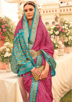 Patola Silk Saree of Pink and Contrast Border with Gold Printed Kandora