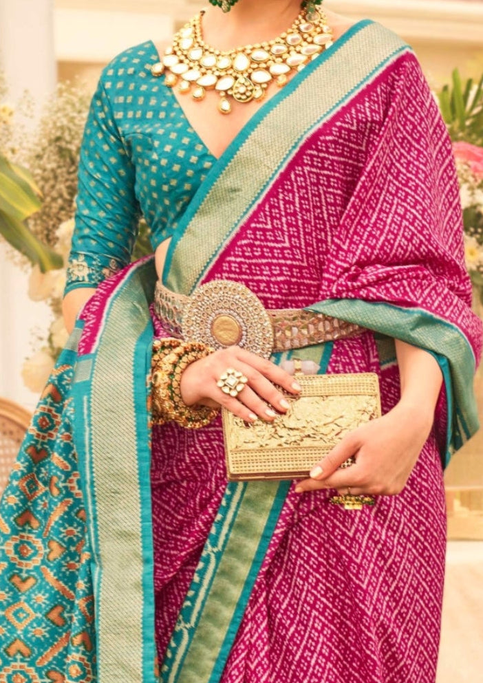 Patola Silk Saree of Pink and Contrast Border with Gold Printed Kandora