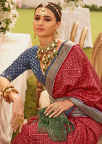 Patola Silk Saree of Red and Contrast Border with Gold Printed Kandora