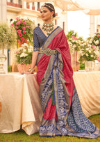 Patola Silk Saree of Red and Contrast Border with Gold Printed Kandora