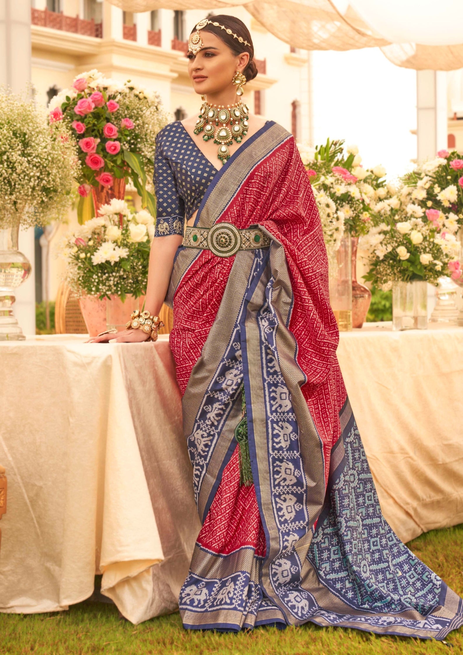 Patola Silk Saree of Red and Contrast Border with Gold Printed Kandora