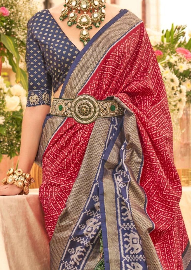 Patola Silk Saree of Red and Contrast Border with Gold Printed Kandora