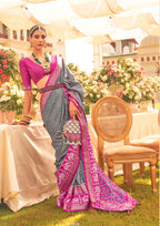 Patola Silk Saree of Navy Blue and Contrast Border with Gold Printed Kandora