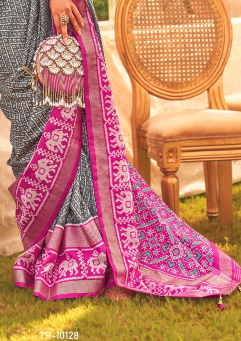 Patola Silk Saree of Navy Blue and Contrast Border with Gold Printed Kandora