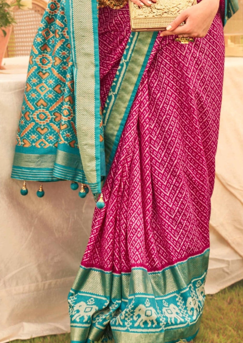Patola Silk Saree of Pink and Contrast Border with Gold Printed Kandora