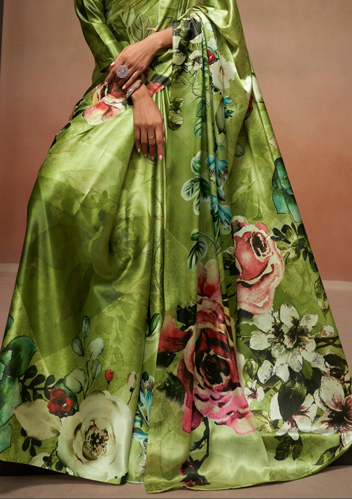 Satin Crepe Digital Flower Prints Green Saree