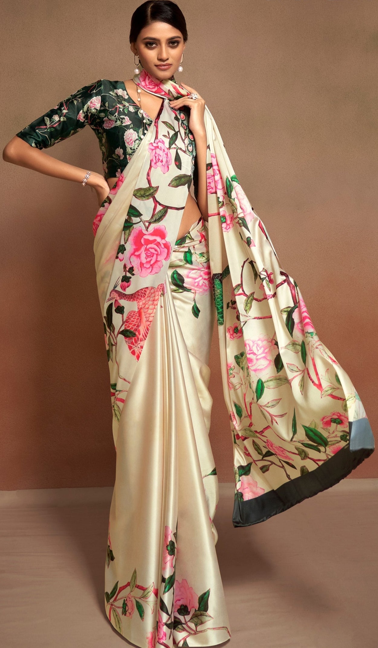 Sattin Crepe Digital Flower Prints White Saree