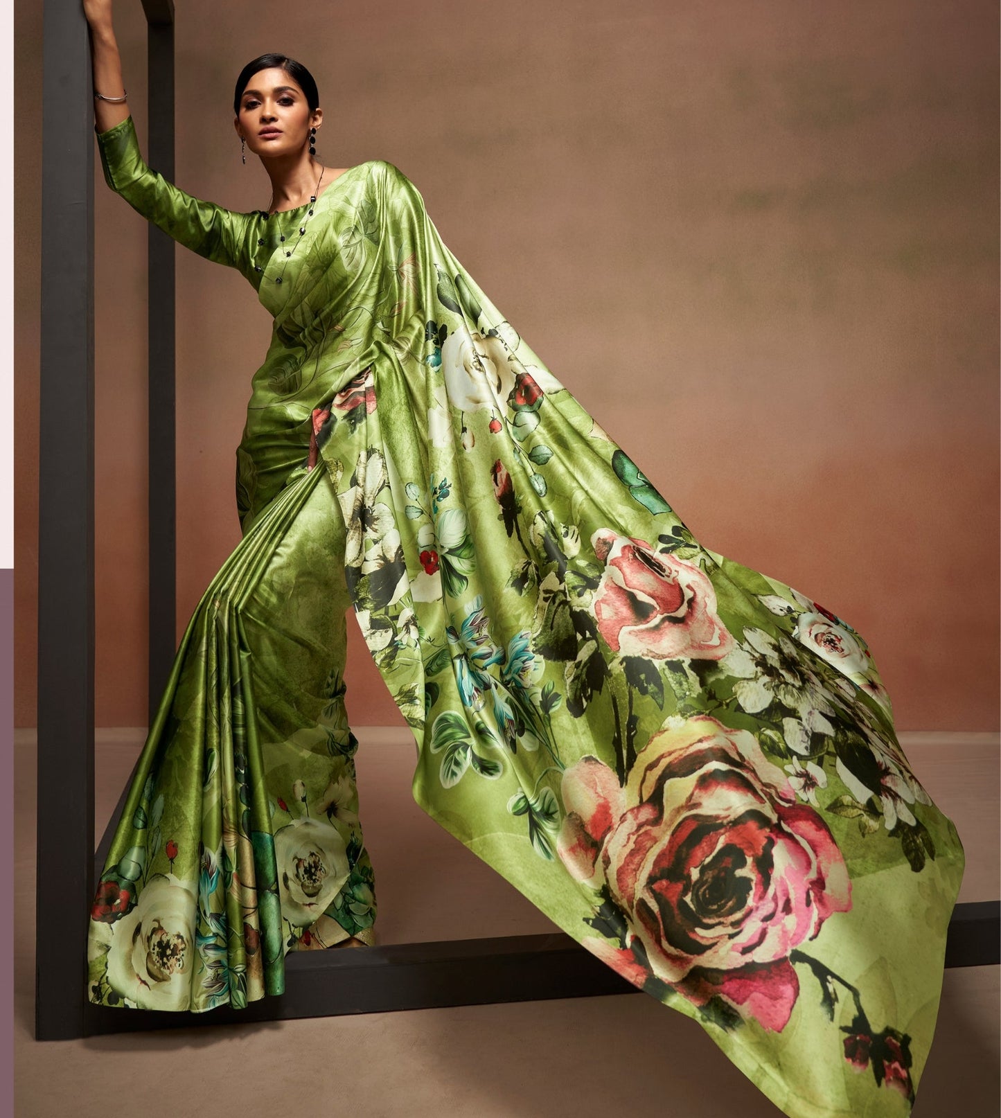 Sattin Crepe Digital Flower Prints Green Saree