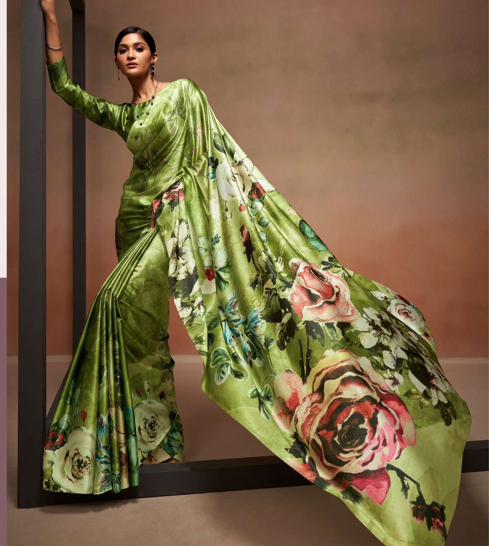 Satin Crepe Digital Flower Prints Green Saree