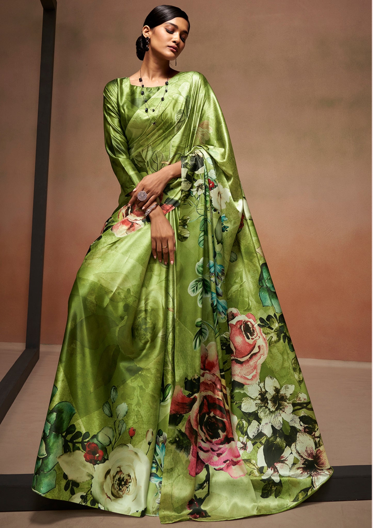 Satin Crepe Digital Flower Prints Green Saree