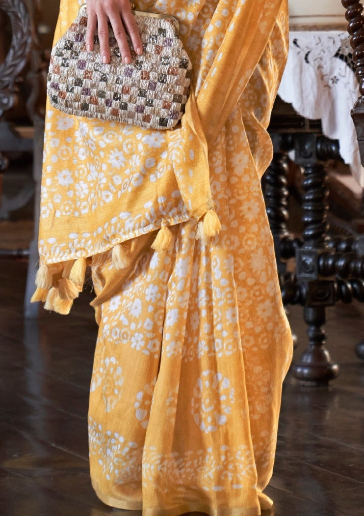 Bagru Cotton Blend Dabu Floral Zari Mustard Yellow Saree