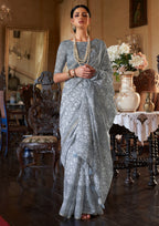 Bagru Cotton Blend Dabu Floral Zari Light Grey Saree