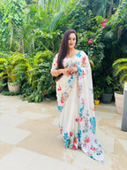 White zarkan work saree in digital floral print