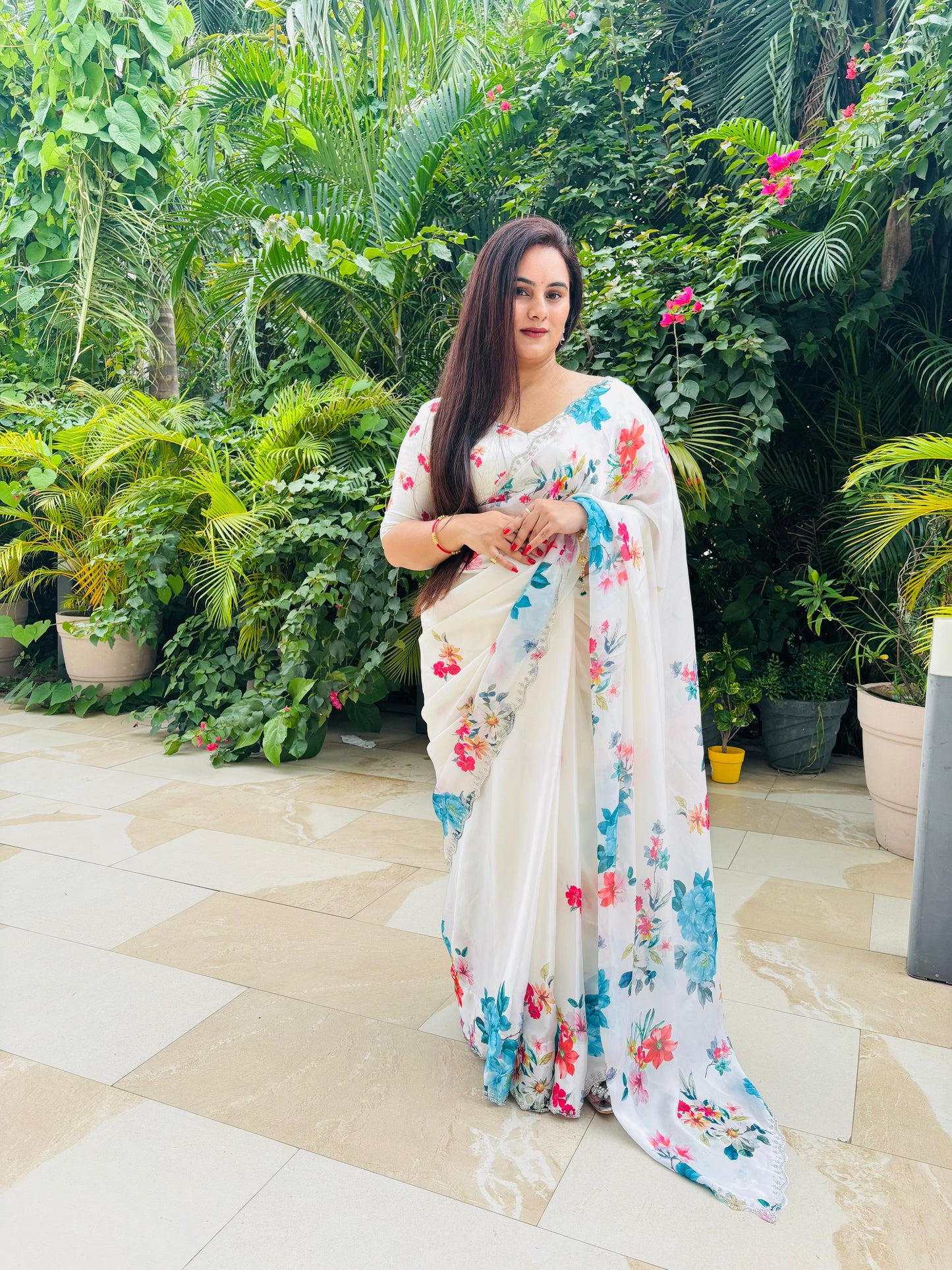 White zarkan work saree in digital floral print