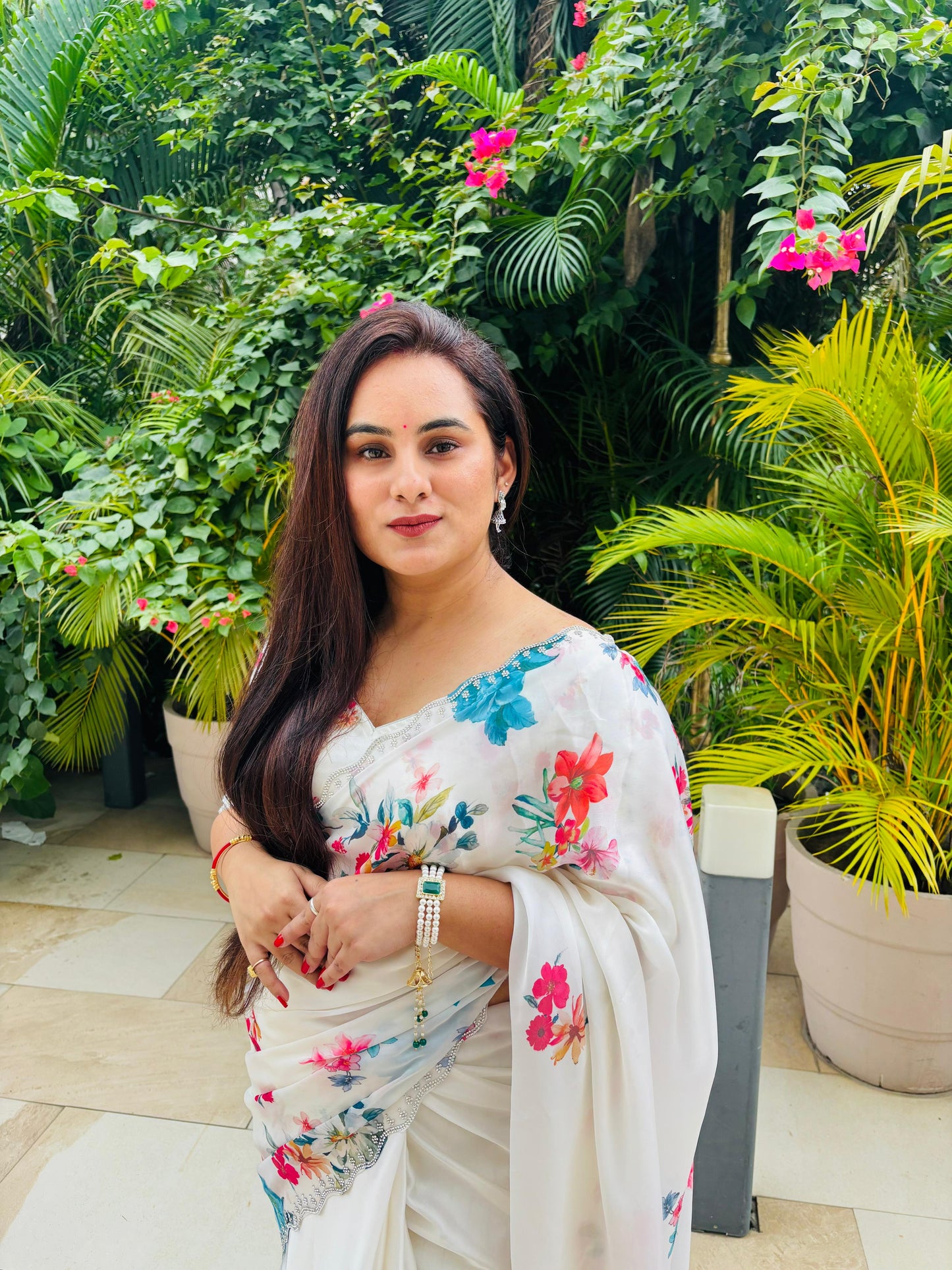 White zarkan work saree in digital floral print