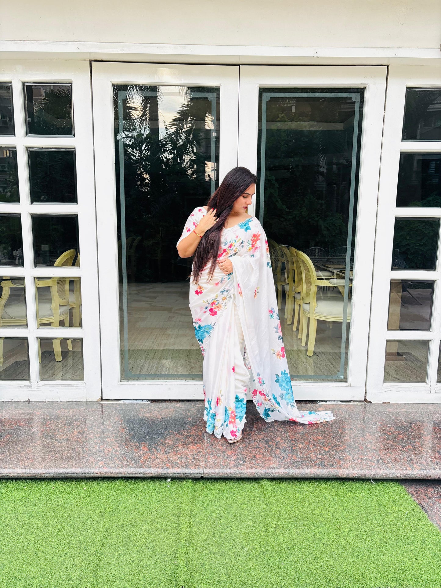 White zarkan work saree in digital floral print