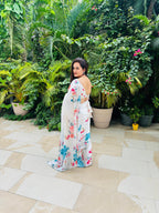 White zarkan work saree in digital floral print