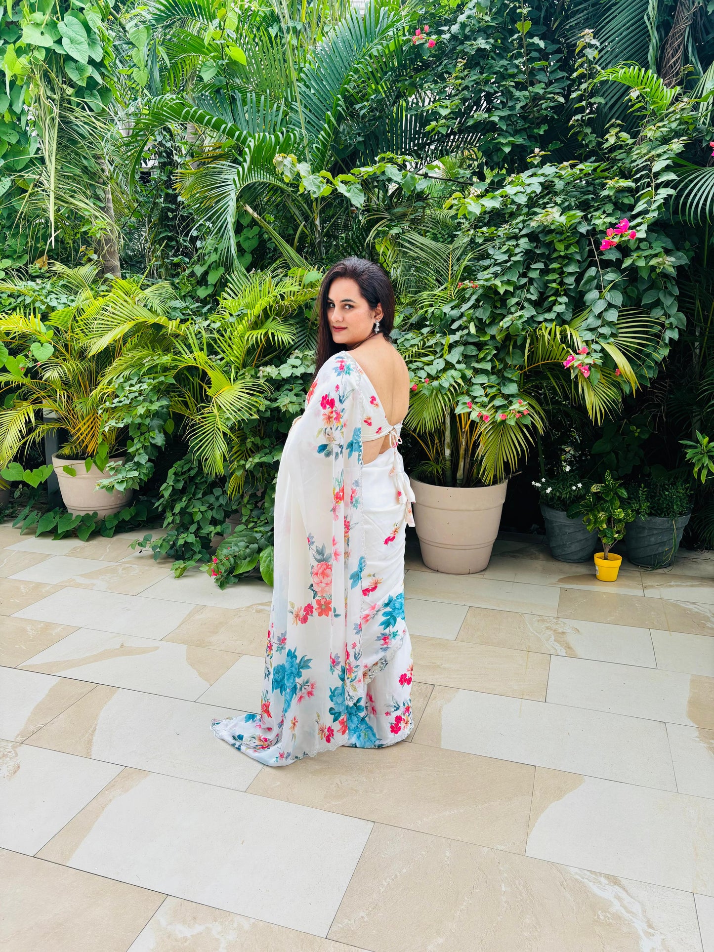 White zarkan work saree in digital floral print