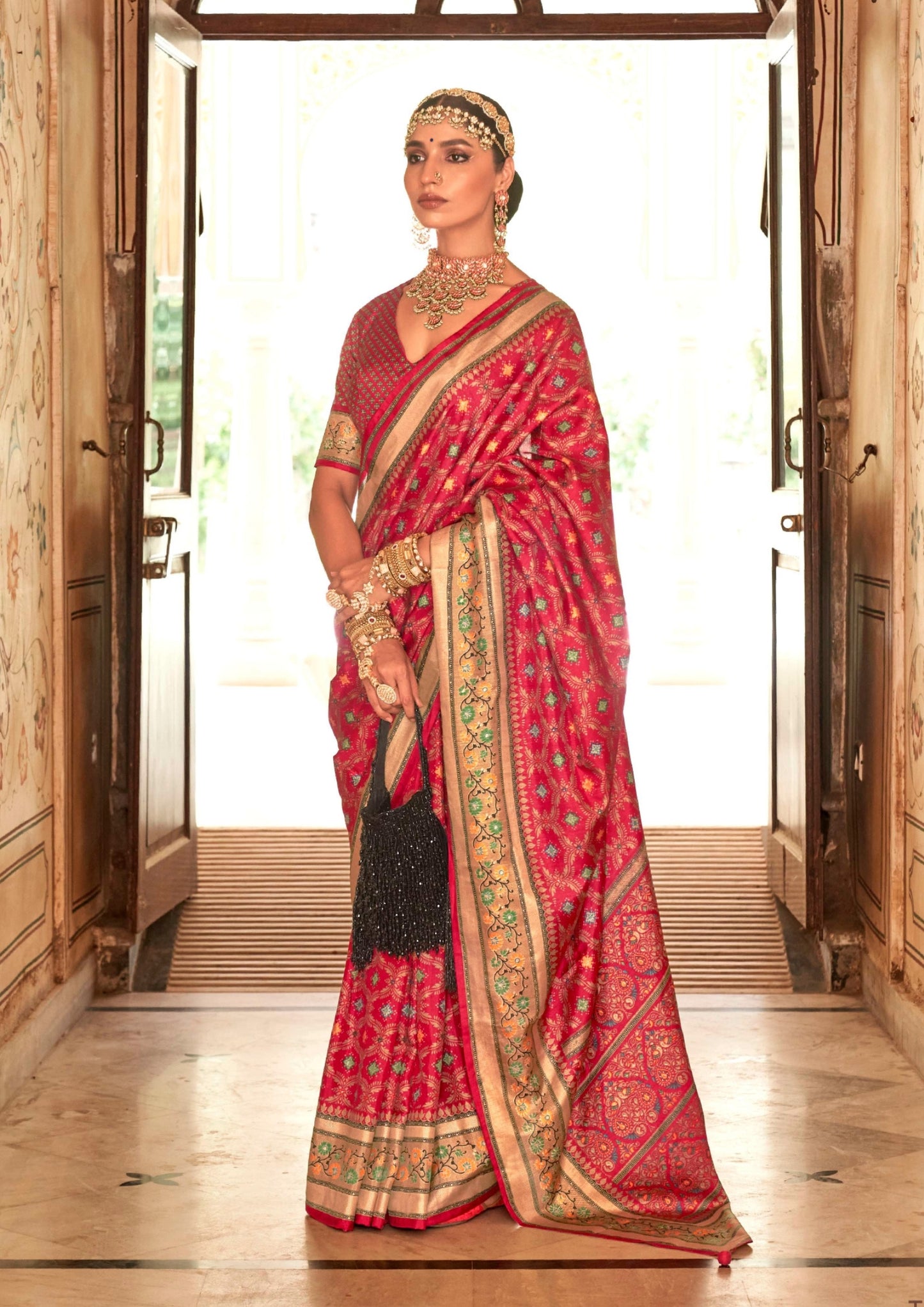 Banarasi Print With Ultra Gloster Finishing Red Silk Saree