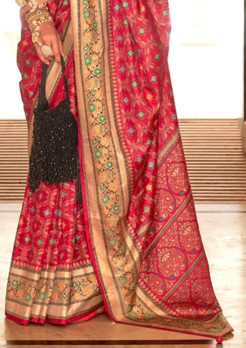 Banarasi Print With Ultra Gloster Finishing Red Silk Saree