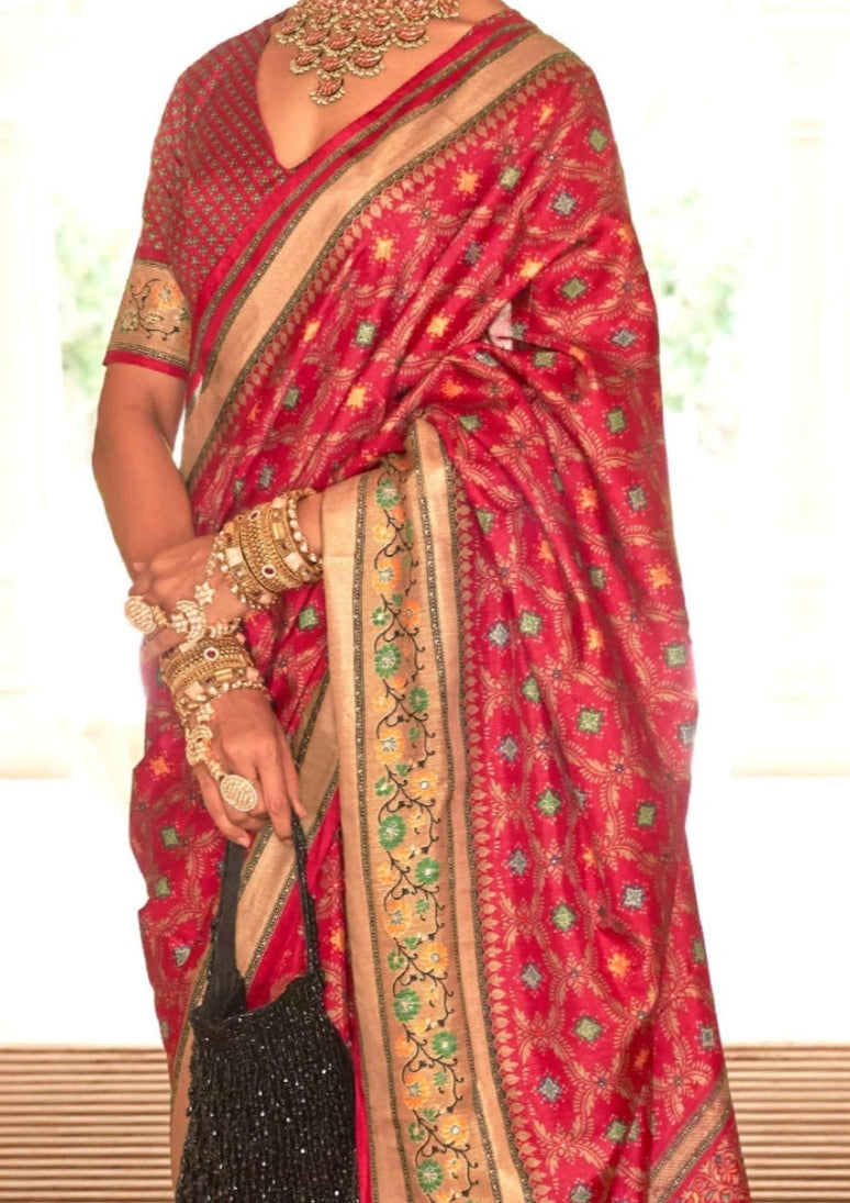 Banarasi Print With Ultra Gloster Finishing Red Silk Saree