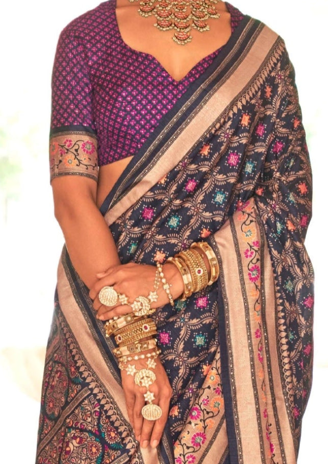 Banarasi Print With Ultra Gloster Finishing Navy Blue Silk Saree