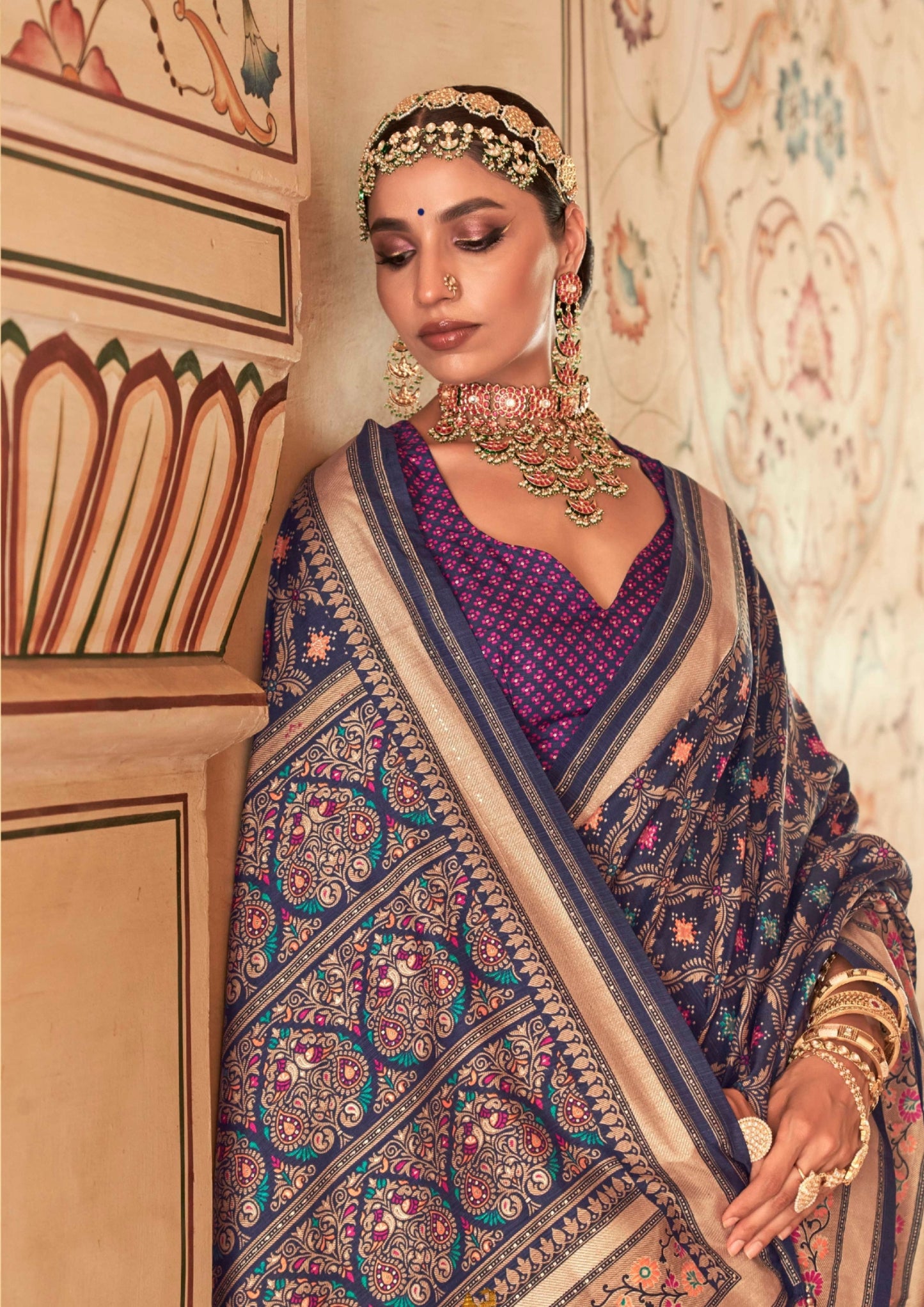 Banarasi Print With Ultra Gloster Finishing Navy Blue Silk Saree