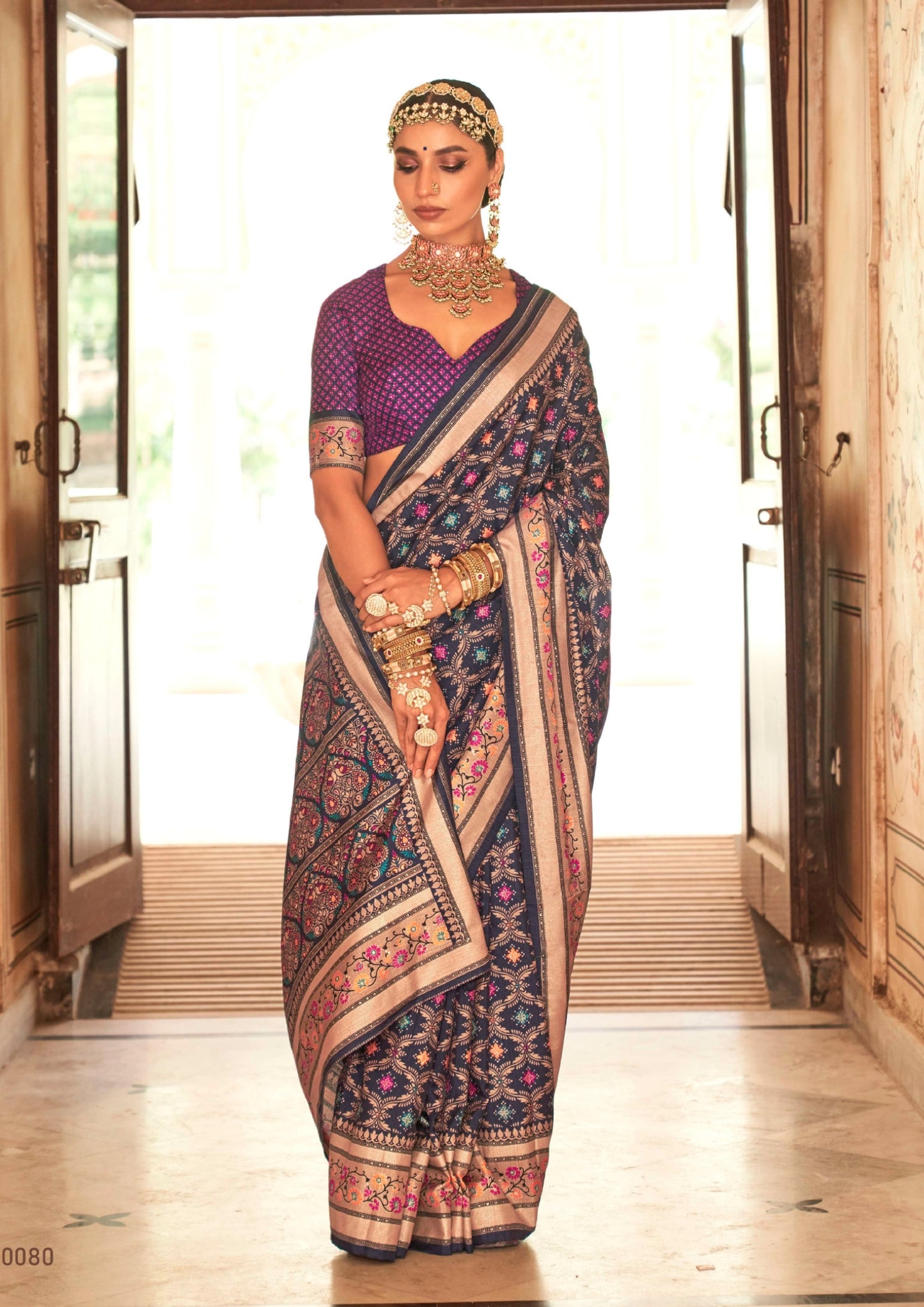 Banarasi Print With Ultra Gloster Finishing Navy Blue Silk Saree