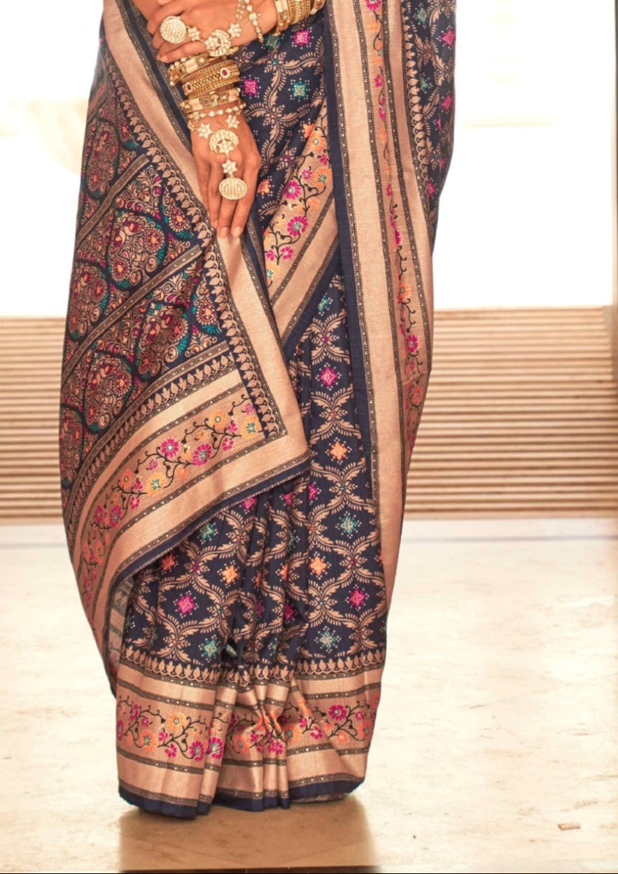 Banarasi Print With Ultra Gloster Finishing Navy Blue Silk Saree