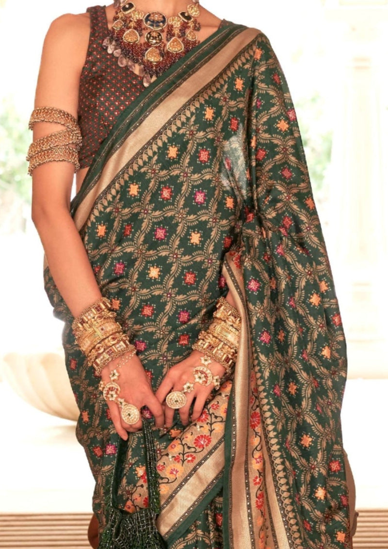 Banarasi Print With Ultra Gloster Finishing Green Silk Saree