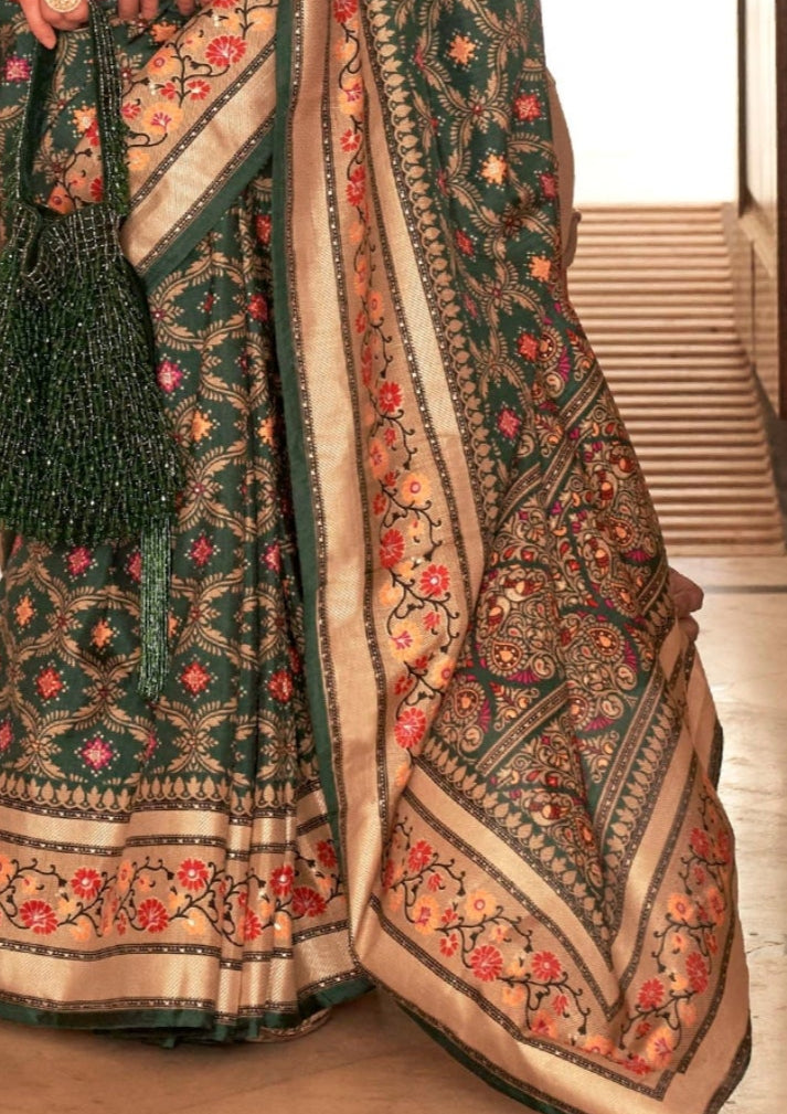 Banarasi Print With Ultra Gloster Finishing Green Silk Saree