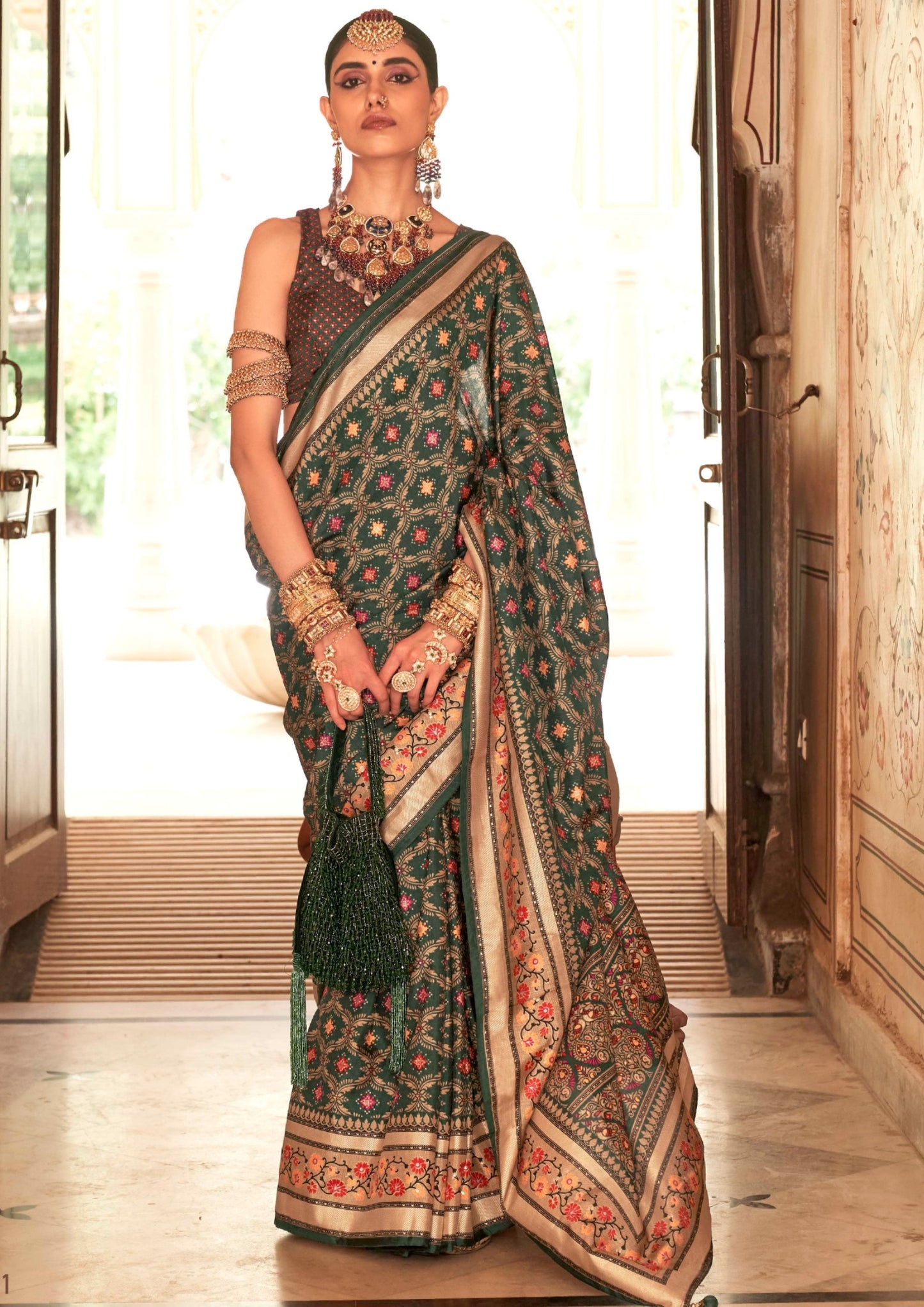 Banarasi Print With Ultra Gloster Finishing Green Silk Saree