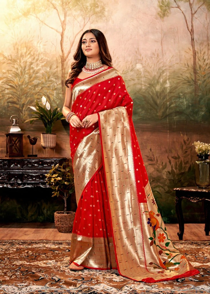 Pure Silk Paithani With Zari Weaving Cherry Red Saree