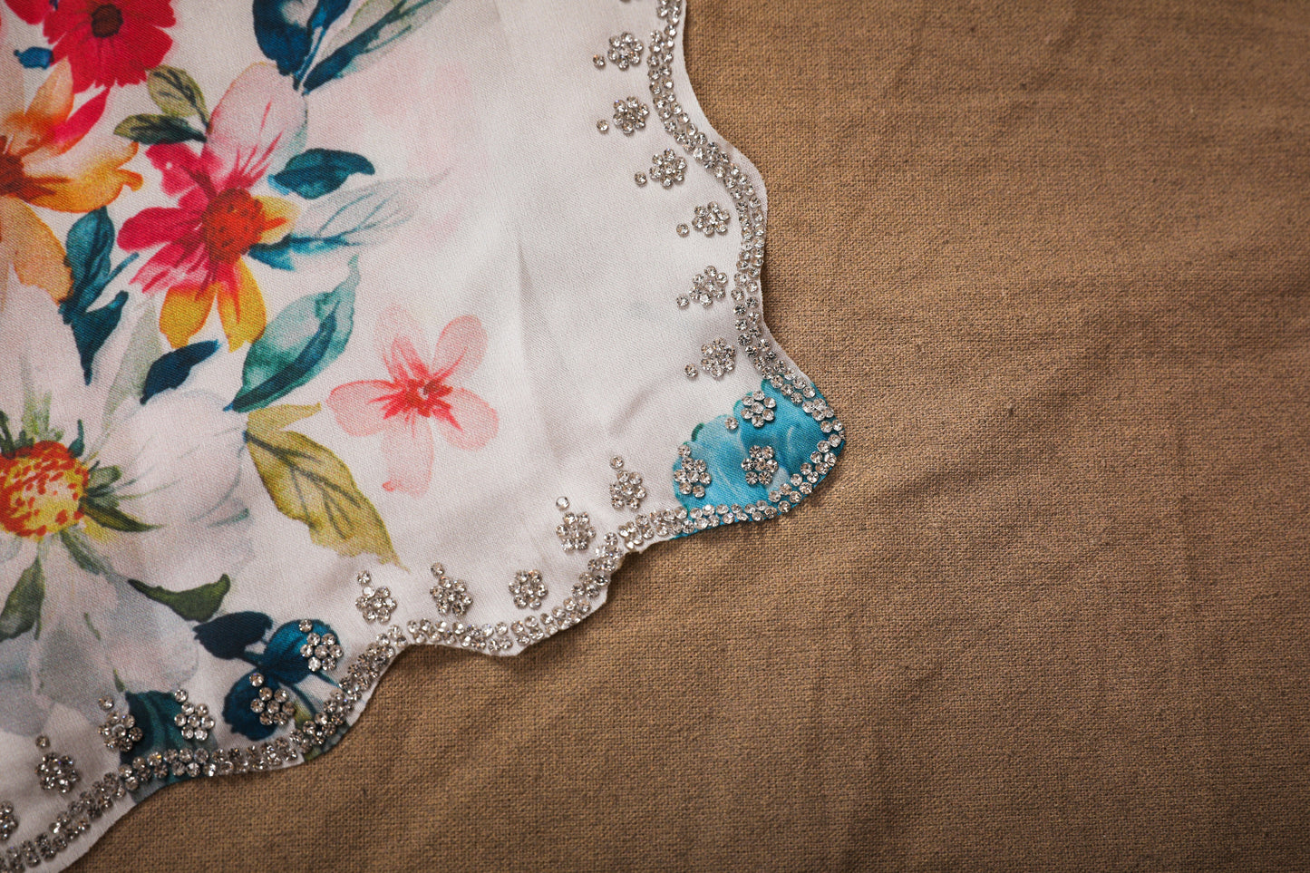 White zarkan work saree in digital floral print